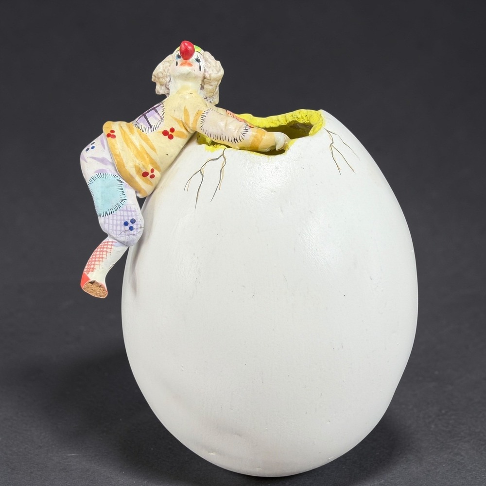 Mexico pottery Hand Painted Clown Figurine Emerging from‎ Cracked Egg Circus VTG